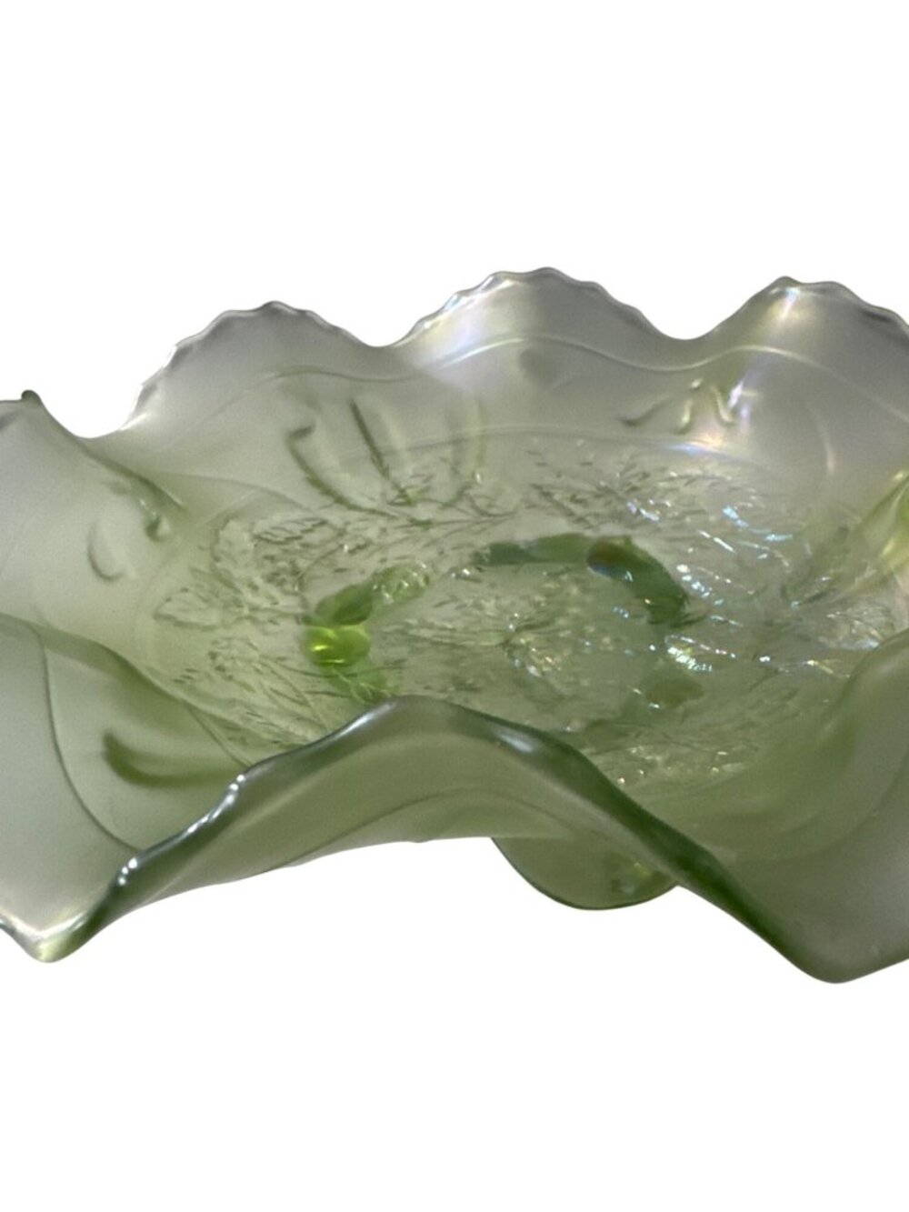 Uranium Green Depression Glass Bowl Leaf Pattern & Scalloped Edges Fenton?